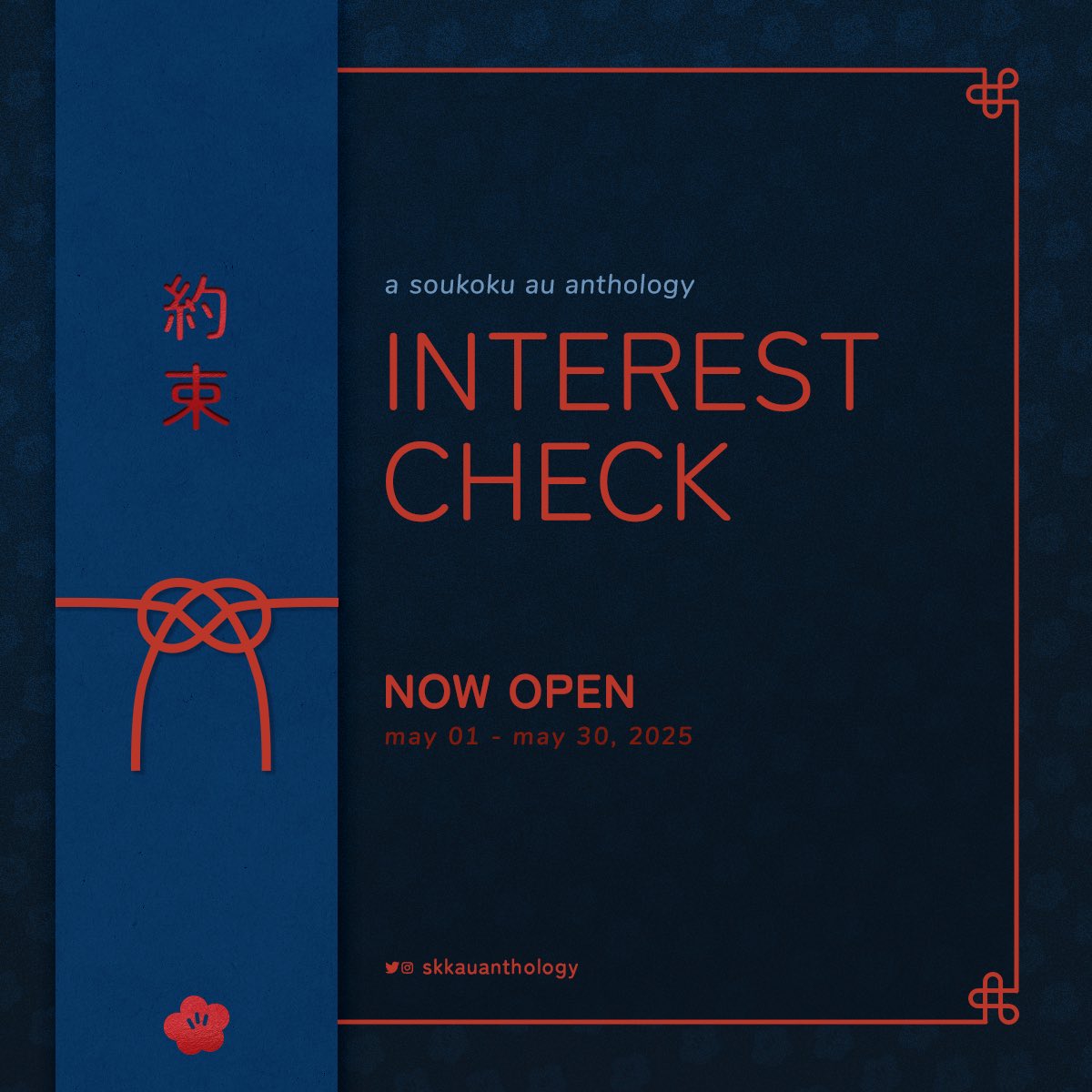 🕯️ INTEREST CHECK OPEN 🕯️

We’re excited to announce an interest check for a Yakusoku: a Soukoku Alternate Universe anthology. The form will be open from May 1 to May 31st 🔖 We look forward to hearing from you ❤️‍🩹

forms.gle/jry3nY6n1wFHh5…

#bsd #soukoku #skk #bungoustraydogs