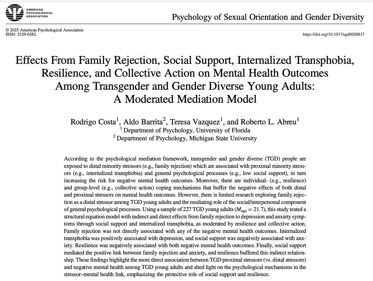 🚨New publication 🚨

Effects from family rejection, social support, internalized transphobia, resilience, collective action, and mental health in transgender and gender diverse young adults! 
 #LGBTQ #intersectionality #stigma #MentalHealthMatters #TNBLivesMatter 🏳️‍⚧️

TY to our