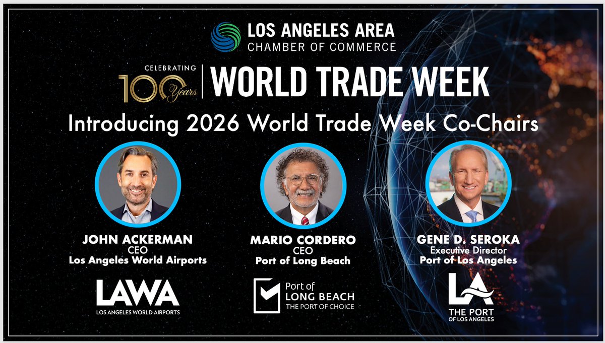 Next year marks a major milestone—the 100th anniversary of #WorldTradeWeek! We’re thrilled to celebrate with a Centennial Summit and are proud to announce <a href="/flyLAXairport/">LAX Airport</a> , <a href="/PortofLA/">Port of Los Angeles</a>, and <a href="/portoflongbeach/">Port of Long Beach</a>  as co-chairs for the 2026 event.