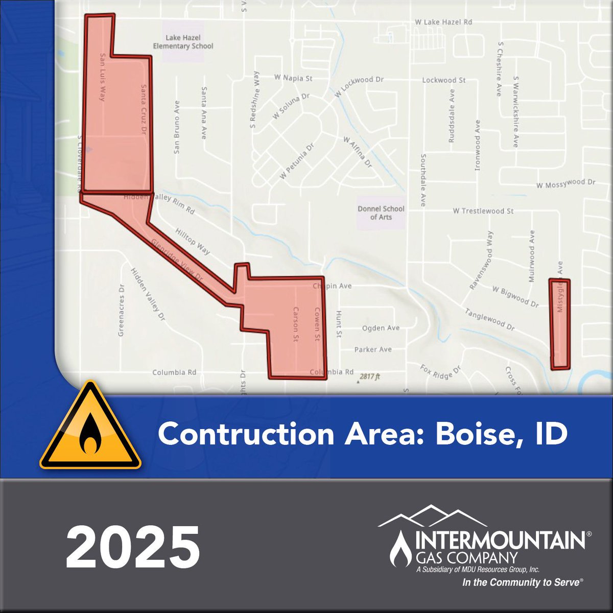 ⚠️ Intermountain Gas is committed to safe and reliable natural gas service. To meet state and federal standards, we're replacing selected pipeline sections in Boise, ID, in 2025.

Construction starts May 1 and will last 5-6 months. Learn more: rb.gy/dwhjjn
