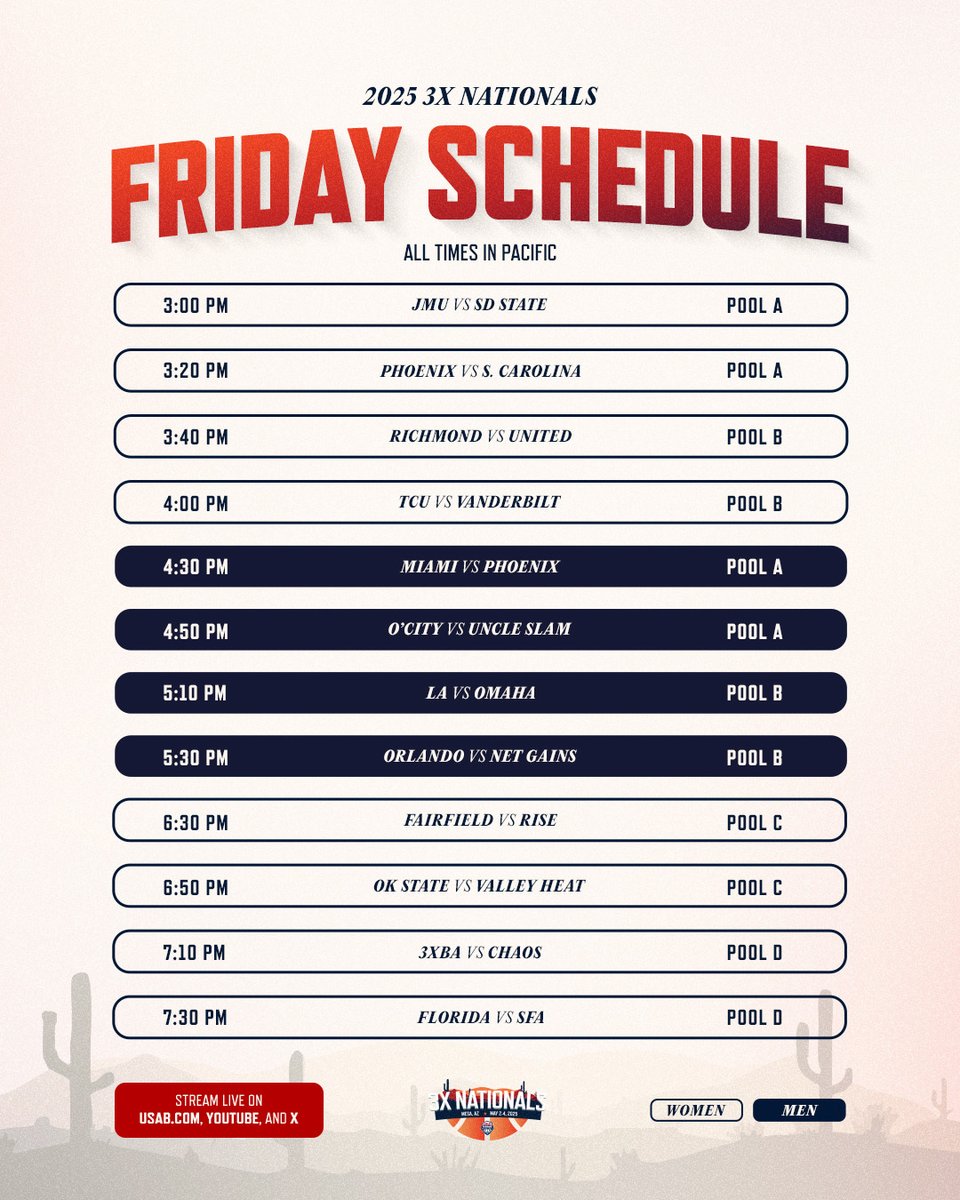 usab3x3's tweet photo. 🚨 Your weekend plans are right here 🚨

2025 🇺🇸 #3XNationals tip off tomorrow from 🌵 Mesa, AZ!

All the action will be livestreamed on https://t.co/qU56vSERZC, YouTube &amp; here on X! https://t.co/vtVKArHRJ0