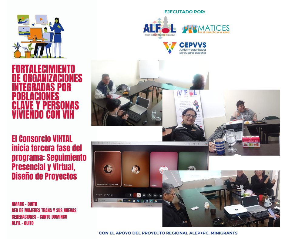 NoticiasAlMomento #ConsorcioVIHTAL: #AsociacionALFIL
<a href="/Maticesecu/">Fundación Matices</a> <a href="/CEPVVS_1923/">Fundación CEPVVS</a> continúan seguimiento Híbrido de Capacitación para el #FortalecimientoInstitucional a ONGs de #PC y #PVV, #DerechosHumanos #minigrants #Amarc #RedMujeresTransSD #SomosRedLacTrans 🏳️‍⚧️
