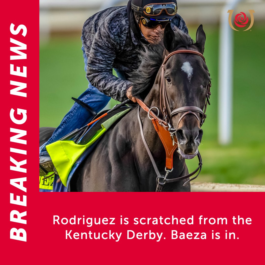 KentuckyDerby's tweet photo. Trainer Bob Baffert has scratched Rodriguez from Saturday's Kentucky Derby.   

With the defection of Rodriguez, Baeza has drawn into the field. https://t.co/WCCqT2yfCb