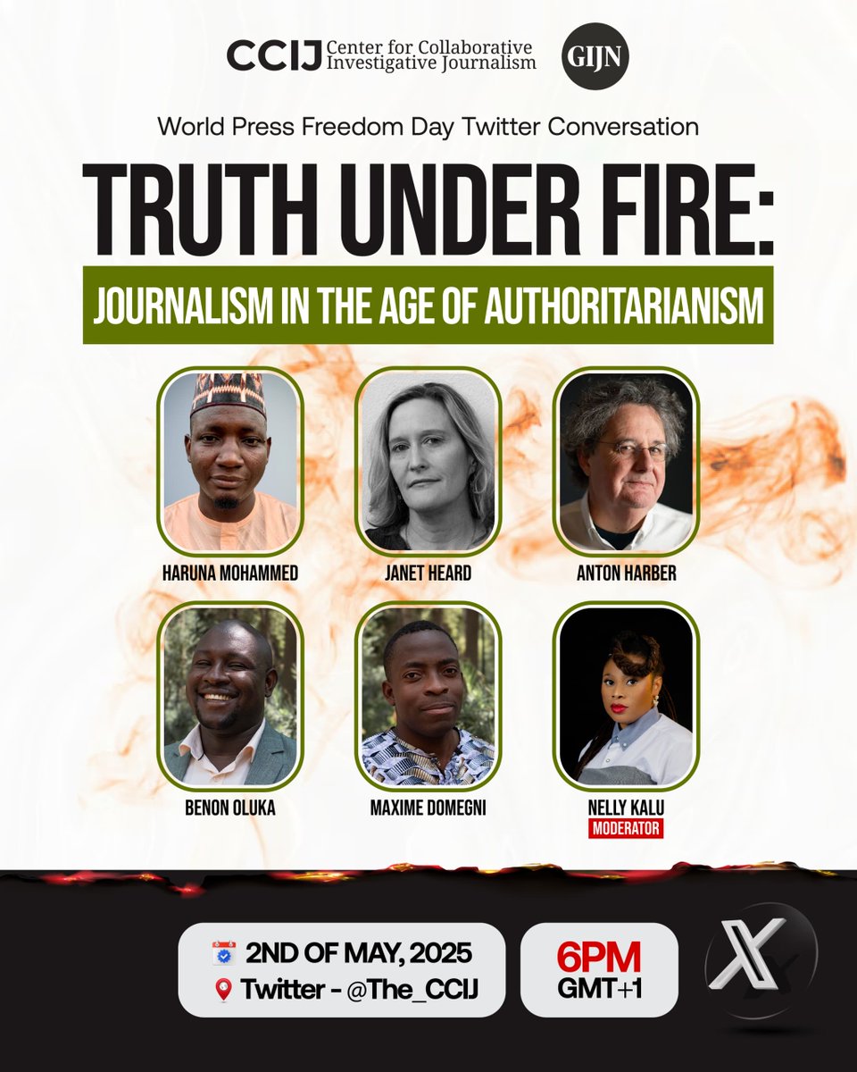 Across continents, independent journalists are being threatened, jailed, and silenced for doing their job.

This Friday, May 2, <a href="/the_ccij/">Center for Collaborative Investigative Journalism</a>, featuring GIJN's <a href="/benon_oluka/">Benon Herbert Oluka</a> &amp; <a href="/MaxGni/">Maxime Koami DOMEGNI</a>, is creating space for a global conversation.

Join the Twitter space: x.com/i/spaces/1lDxL…