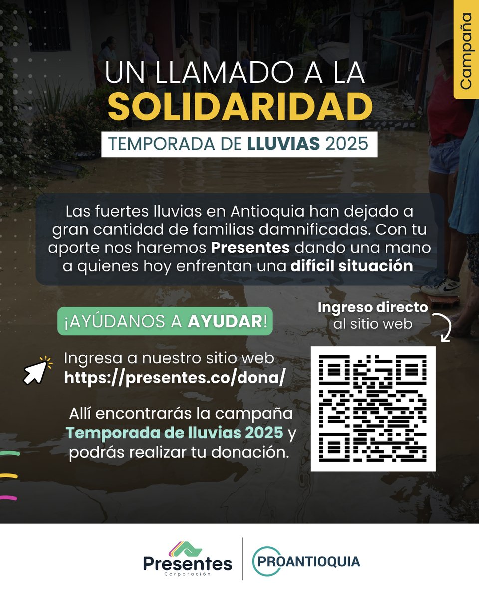 ¡Es momento de unirnos! 🤝🌧️
Las lluvias han afectado gravemente a muchas familias. Hoy más que nunca, necesitan de nuestro apoyo. Cada donación suma y puede convertirse en alimento, abrigo y esperanza para quienes lo han perdido todo. 🙌🏼❤️

Ingresa a presentes.co y