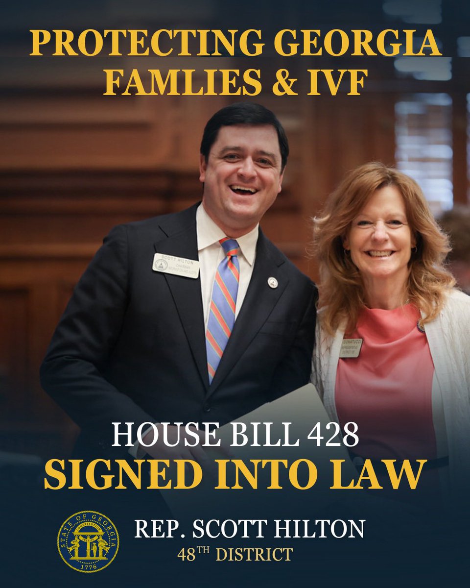 Rep. Scott Hilton 🇺🇸 (@scotthiltonga) on Twitter photo With <a href="/GovKemp/">Governor Brian P. Kemp</a>’s signature today, we have officially codified families’ access to IVF in Georgia.
I was proud to begin this effort in 2024, with the introduction of H.R. 1719
Thank you to Speaker <a href="/JonBurnsGA/">JonBurnsGA</a> and <a href="/FranklinforRep/">Lehman Franklin</a> for your leadership on this important issue! With <a href="/GovKemp/">Governor Brian P. Kemp</a>’s signature today, we have officially codified families’ access to IVF in Georgia.
I was proud to begin this effort in 2024, with the introduction of H.R. 1719
Thank you to Speaker <a href="/JonBurnsGA/">JonBurnsGA</a> and <a href="/FranklinforRep/">Lehman Franklin</a> for your leadership on this important issue!