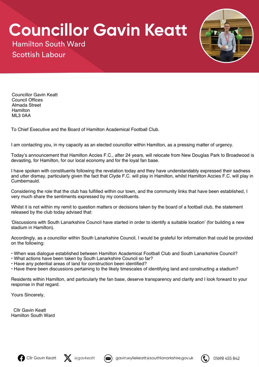 Following the devastating announcement today that Hamilton Accies F.C. will relocate to Broadwood, and that there have been discussions with South Lanarkshire Council regarding a new stadium, I have written to the Board and to the Chief Executive of South Lanarkshire Council.