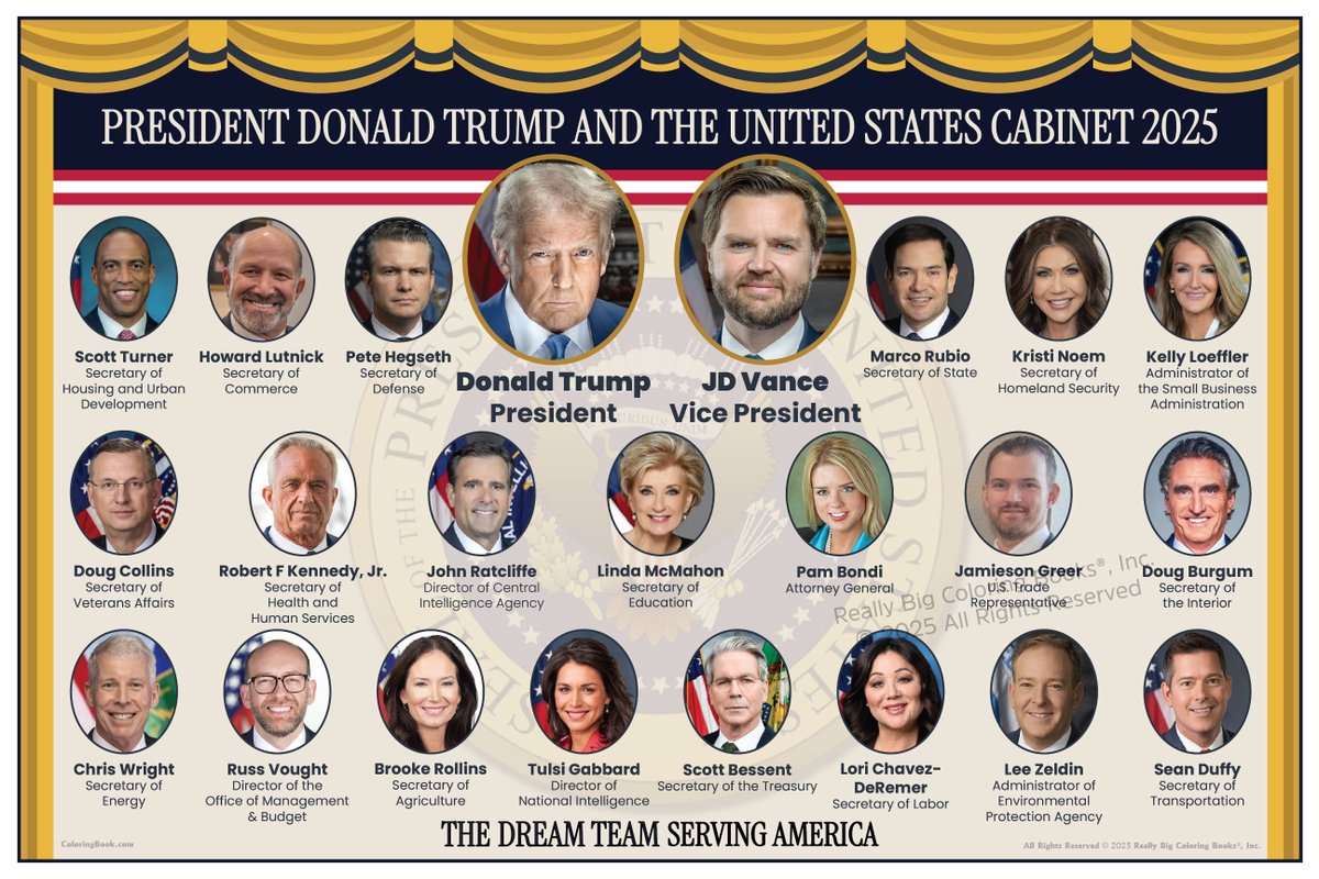 Coloringbookcom's tweet image. President Donald J Trump Vice President JD Vance and The United States Cabinet, A 12″ x 18″ card stock gloss laminate poster of The American Dream Team 2025.
coloringbook.com/product/presid…