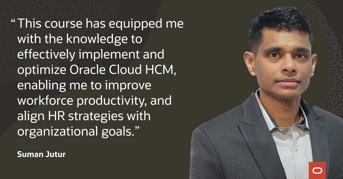 Time is running out to join Suman and raise your game with our free Cloud Applications skills challenge through May 15th: social.ora.cl/60172xiLD

Access free training and certifications to stay current on Oracle Modern Best Practices in Oracle Fusion Cloud Applications, and