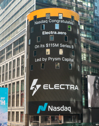 <a href="/ElectraAero/">Electra.aero</a>'s $115M Series B just lit up Times Square — thanks to <a href="/Nasdaq/">Nasdaq</a> for featuring us on the tower! 

Details: bit.ly/3GlISTq