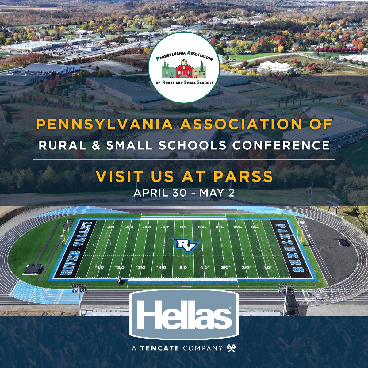 We’re at the PARSS Conference in State College, PA through May 2nd! Stop by our booth &amp; let’s talk about transforming your athletic facilities. From turf to track, courts, lighting, &amp; full-service design/build—Hellas is here from start to finish. #PARRS #HellasPride #MatrixHelix