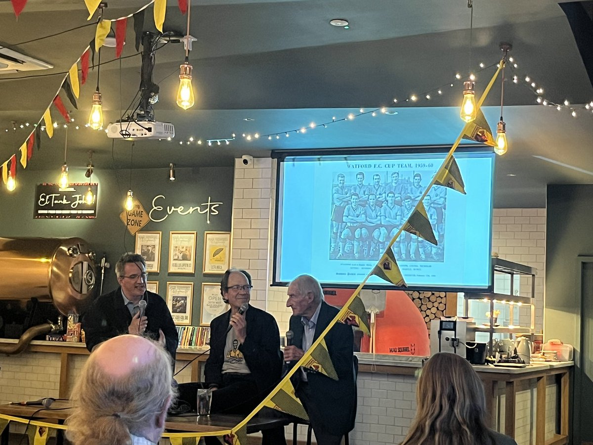 EseaHornets's tweet photo. Book launch of @treasurywatford’s “The Dawn of the Golden Age” by @GeoffWicken. The book tells the story of @WatfordFC 1959/60 promotion season which Sammy Chung played a big part in. 

Great hearing from Peter Walker and great hosting by @watfordpodcast’s @JonMoonie . https://t.co/cQcoqO5cux
