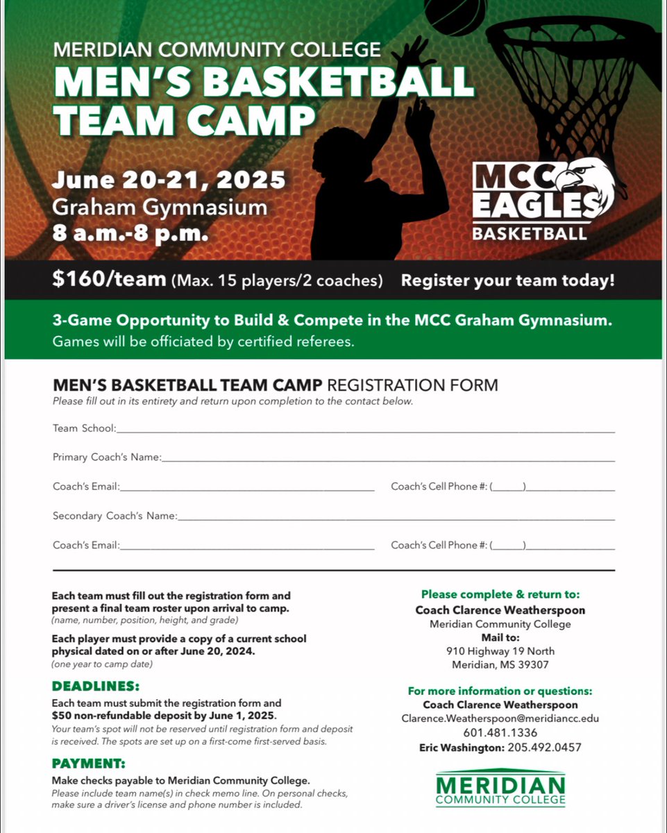 MCCEaglesBBALL (@mcceaglesbball) on Twitter photo Meridian CC Men’s Basketball Team Camp
📅 High School: Friday, June 20th & Saturday, June 21st
For more information contact:
Coach Eric Washington
Eric.Washington@meridiancc.edu
(205) 492-0457
#FEAR 🏀 Meridian CC Men’s Basketball Team Camp
📅 High School: Friday, June 20th & Saturday, June 21st
For more information contact:
Coach Eric Washington
Eric.Washington@meridiancc.edu
(205) 492-0457
#FEAR 🏀