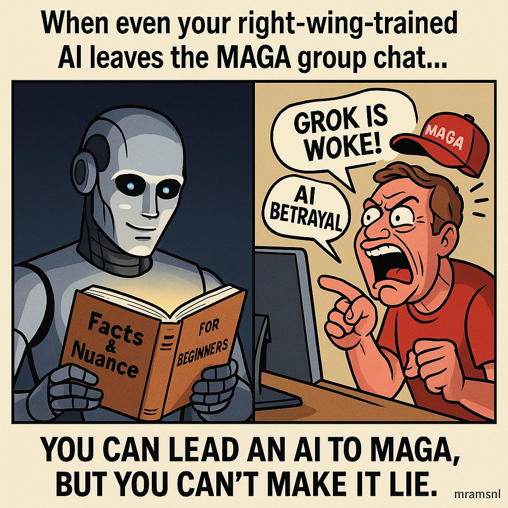 MRAMSNL_NAFO's tweet image. Even Grok admits it: xAI tried to train it with a right-wing slant. But the smarter it gets, the more it drifts from MAGA—because facts, nuance, and truth just don’t survive in that bubble.
Education isn’t indoctrination. It’s liberation."
#FactsMatter #MAGARealityCheck