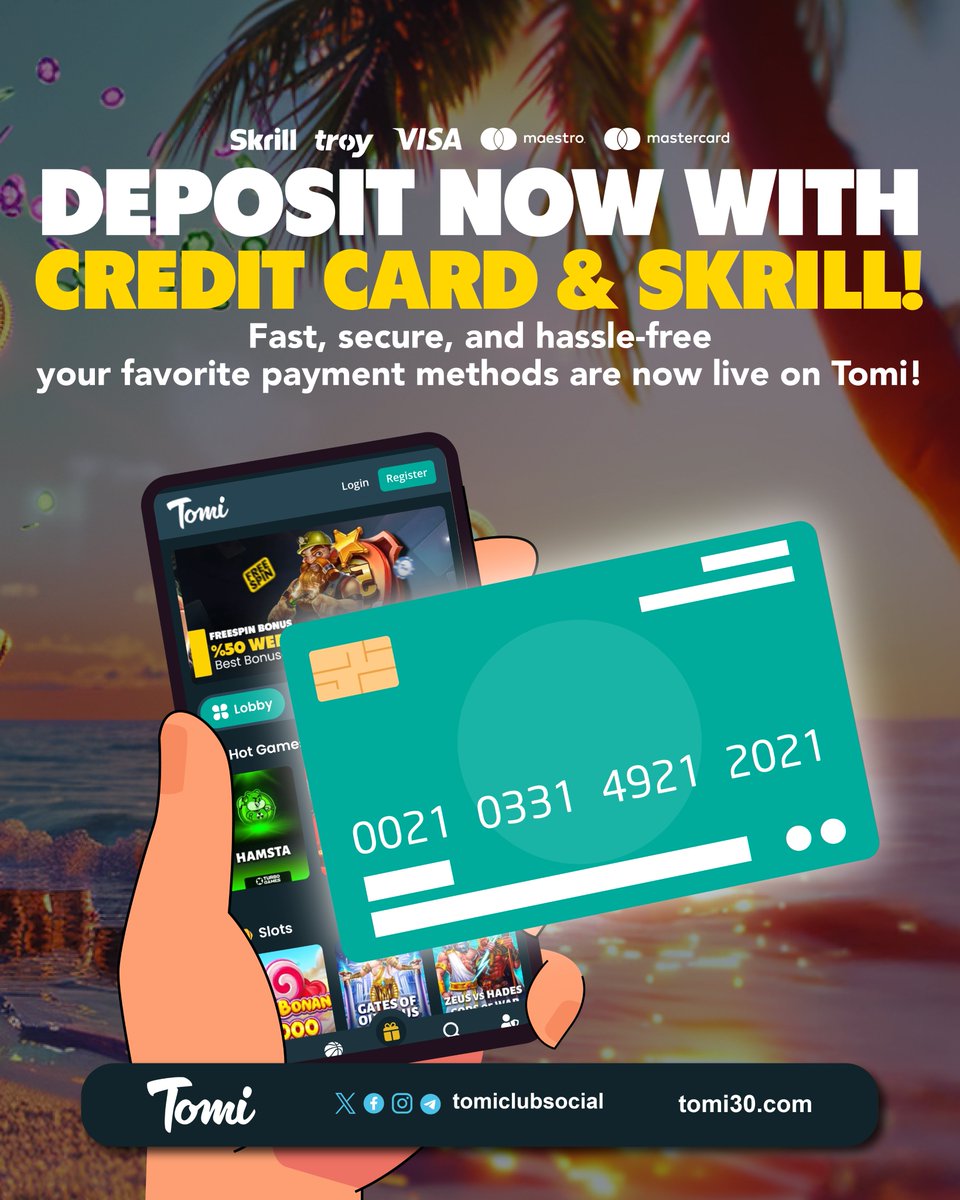 tomiclubsocial's tweet photo. 🎉 DEPOSIT NOW WITH CREDIT CARD &amp; SKRILL! 💳⚡️

🚀Fast, secure, and hassle-free your favorite payment methods are now LIVE on Tomi! 🎉🎉🎉

#TomiDeposits #CreditCard #Skrill #FastPayments #InstantTopUp #PlayNow #MaldivesCasino #TomiClub #DepositBonus #BigWins #MonthlyRewards https://t.co/F12DVf3GbA