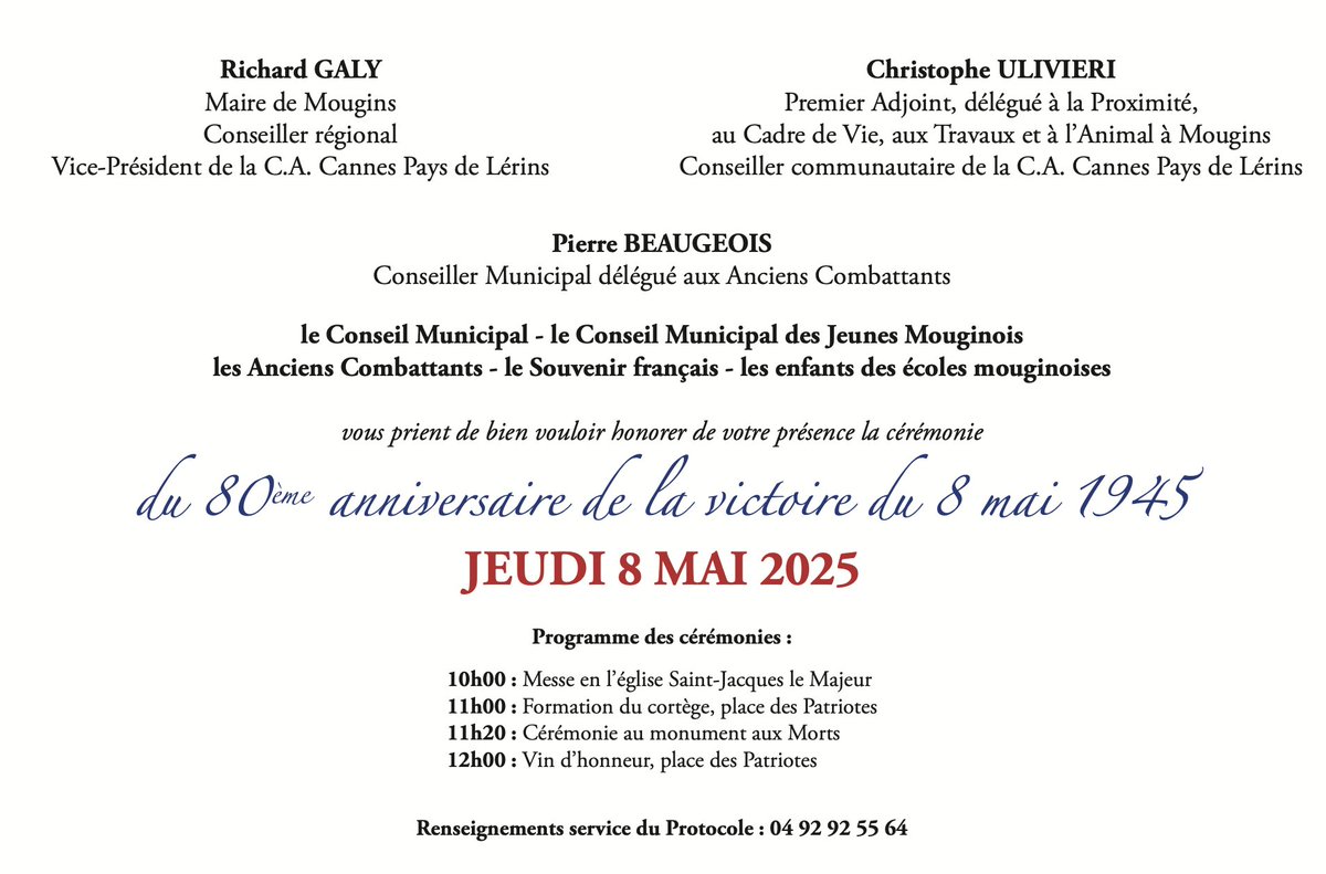 [COMMÉMORATION]
Participez à la cérémonie du 80ème anniversaire de la Victoire du 8 mai 1945 qui aura lieu jeudi prochain, 8 mai, à partir de 10h au Village de #Mougins 🇨🇵⬇️