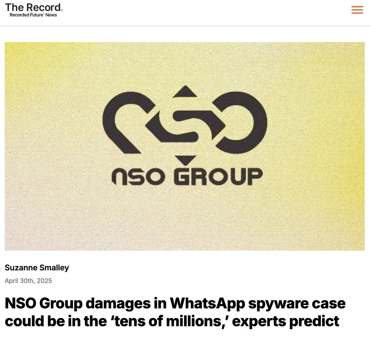 Natalia Krapiva 👩🏻💻🕊 (@natynettle) on Twitter photo Spoke to <a href="/TheRecord_Media/">The Record From Recorded Future News</a> about the high stakes of the ongoing <a href="/WhatsApp/">WhatsApp</a> v NSO trial & what it could mean for NSO & the spyware industry.
After spending the past decade profiting from human rights abuses & undermining digital security, NSO may finally have to pay big damages Spoke to <a href="/TheRecord_Media/">The Record From Recorded Future News</a> about the high stakes of the ongoing <a href="/WhatsApp/">WhatsApp</a> v NSO trial & what it could mean for NSO & the spyware industry.
After spending the past decade profiting from human rights abuses & undermining digital security, NSO may finally have to pay big damages