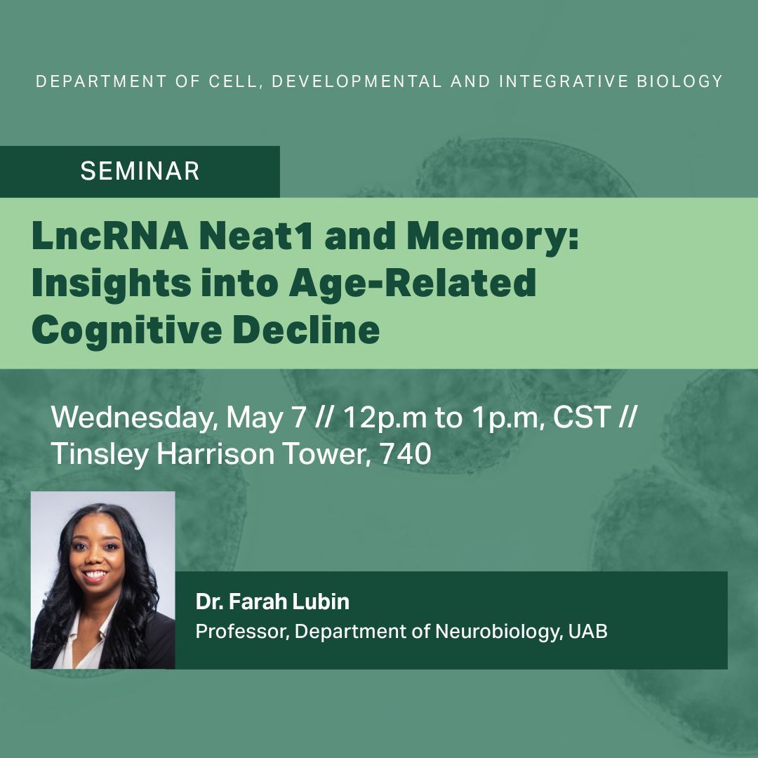 UAB CDIB (@uabcdib) on Twitter photo Join us Wednesday for the CDIB Seminar Series with Dr. Farah Lubin, Professor of Neurobiology at UAB, presenting “LncRNA Neat1 and Memory: Insights into Age-Related Cognitive Decline.” 🧠 <a href="/uabmedicine/">UAB Medicine</a> @uabheersink <a href="/UNeurobiology/">UABNeurobiology</a> Join us Wednesday for the CDIB Seminar Series with Dr. Farah Lubin, Professor of Neurobiology at UAB, presenting “LncRNA Neat1 and Memory: Insights into Age-Related Cognitive Decline.” 🧠 <a href="/uabmedicine/">UAB Medicine</a> @uabheersink <a href="/UNeurobiology/">UABNeurobiology</a>