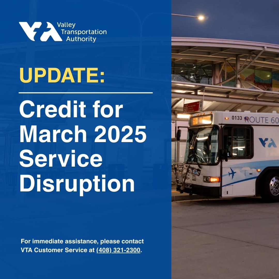 VTA's tweet photo. 📢 March Pass Credit Update:
Customers who were not included in the May pass action list will be added to the June list, and credits will be applied for use in June.
More info ➡️ https://t.co/uFMTmgX8qF
#VTAupdate #ClipperCard #TransitCredit https://t.co/2cwlcl0WaA