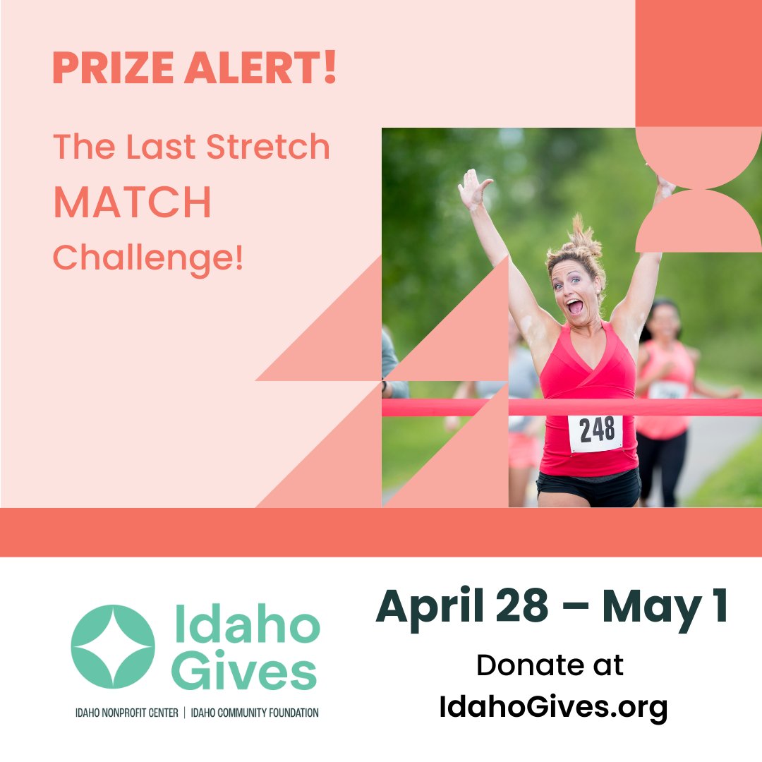 🚨PRIZE ALERT! 🚨
🏁 Ready for the Final Push?
Starting at 6pm MT on May 1, all online donations between $100-$250 will be matched until we hit $10,200 matched! 💥
Prize details at: idahogives.org/prizes
#IdahoGives #IdahoRunsonNonprofits