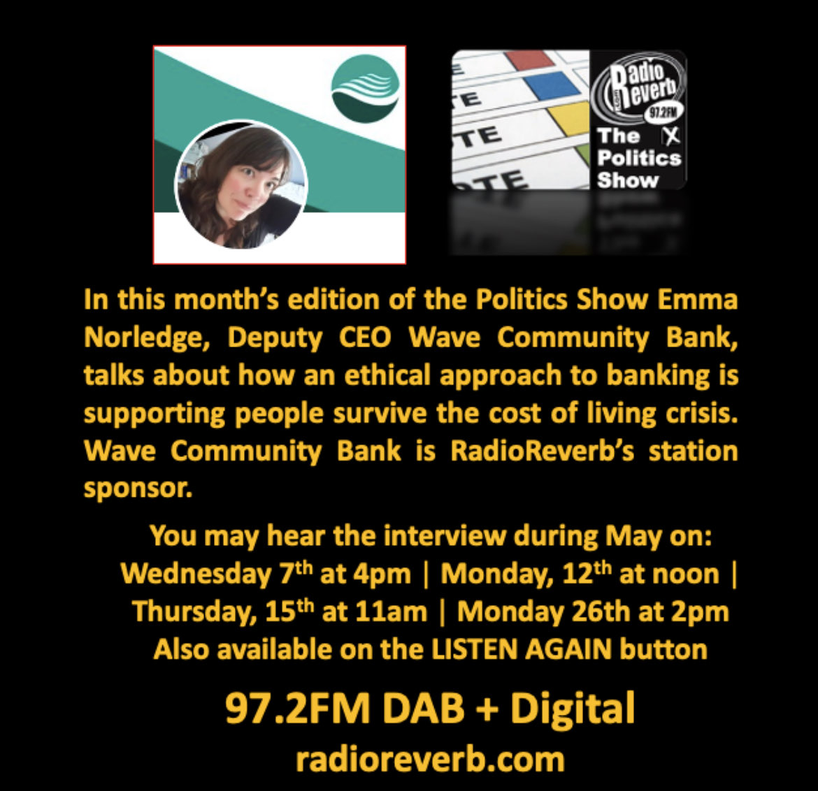 @radioreverb has a new station sponsor ⁦<a href="/WaveCommBank/">Wave Community Bank</a>⁩ and it’s Deputy CEO Emma Norledge appears on the station’s Politics Show this month talking about how an ethical community bank such as Wave CB supports people navigate their way thru the cost of living crisis