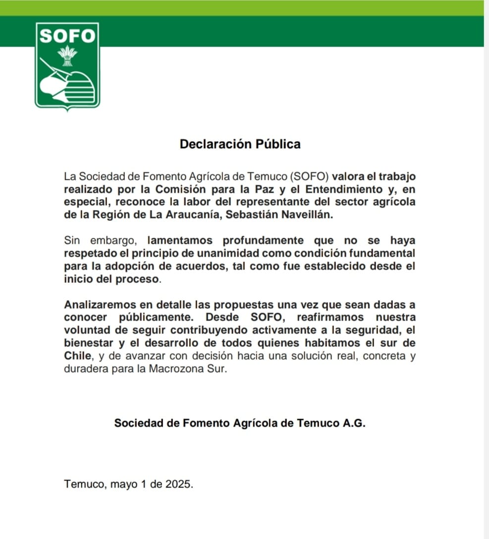 Lamentamos que la Comisión por la Paz y Entendimiento no haya respetado el principio de unanimidad para la adopción de acuerdos #LaAraucania