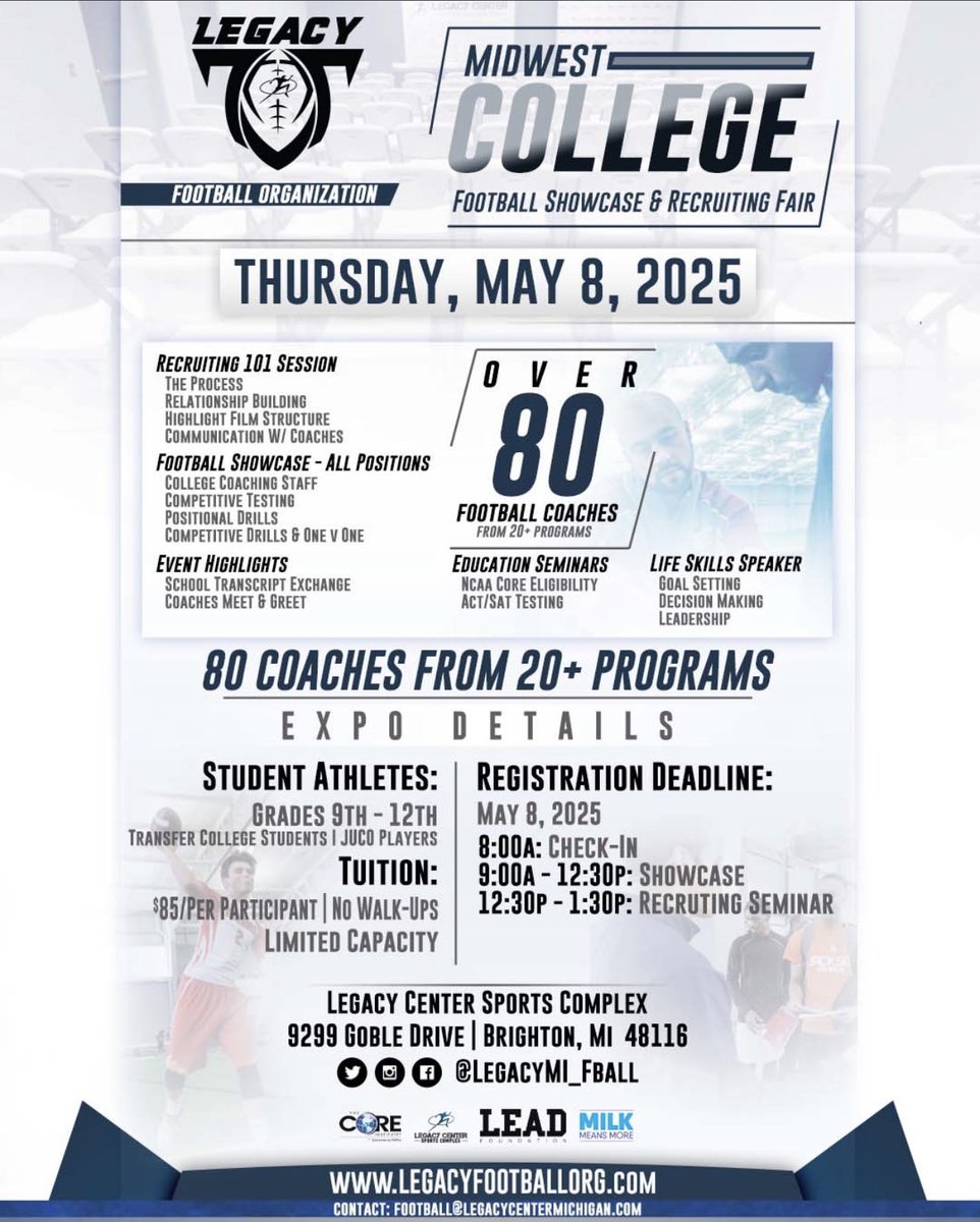 LegacyLouAdams's tweet image. Legacy Football 2025 Midwest College Spring Showcase📸🌷

Compete against top midwest talent in front of D2/D3/NAIA/JUCO coaches with competitive testing, positional work, 1on1s, 3on3s, &amp;amp; meet &amp;amp; greet time with coaches!
sign up @ legacyfootballorg.com

@LegacyMI_FBall…