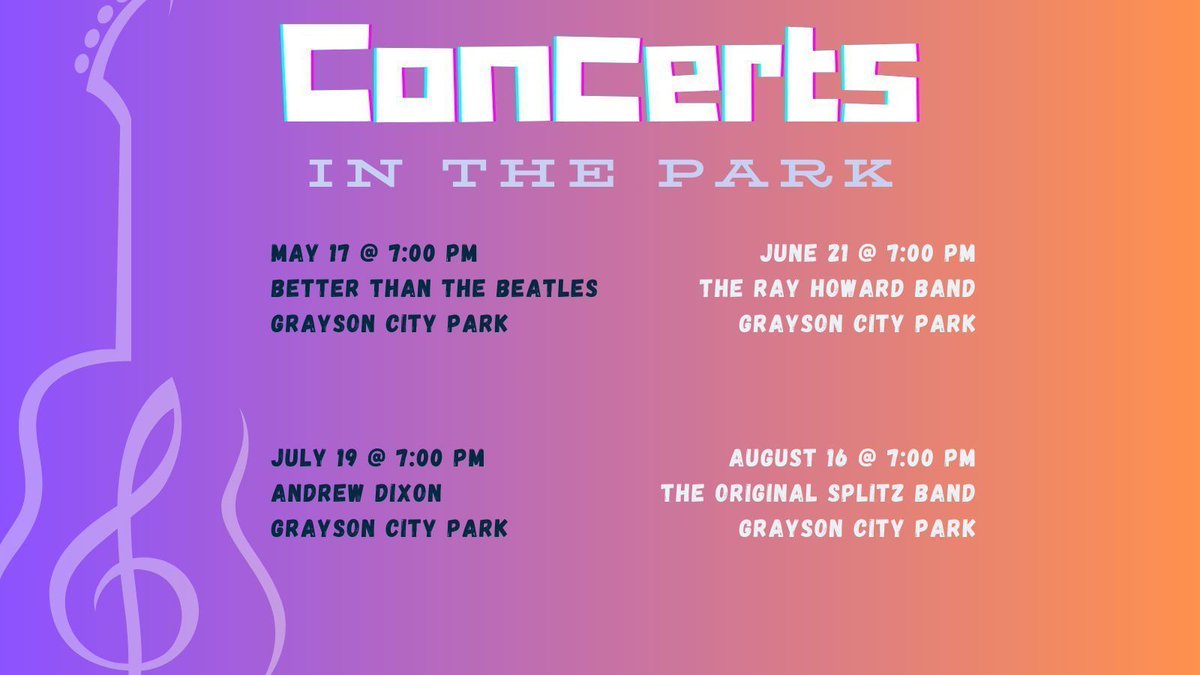 GetIntoGrayson's tweet image. 🎶 Concerts in the Park are back in Grayson!
🪑 Bring a chair + your crew for FREE live music at 7 PM!

🎸 May 17 – Better Than the Beatles
🎷 June 21 – Ray Howard Band
🎹 July 19 – Andrew Dixon
🥁 Aug 16 – Original Splitz Band

📍 Grayson City Park
#GraysonConcertSeries