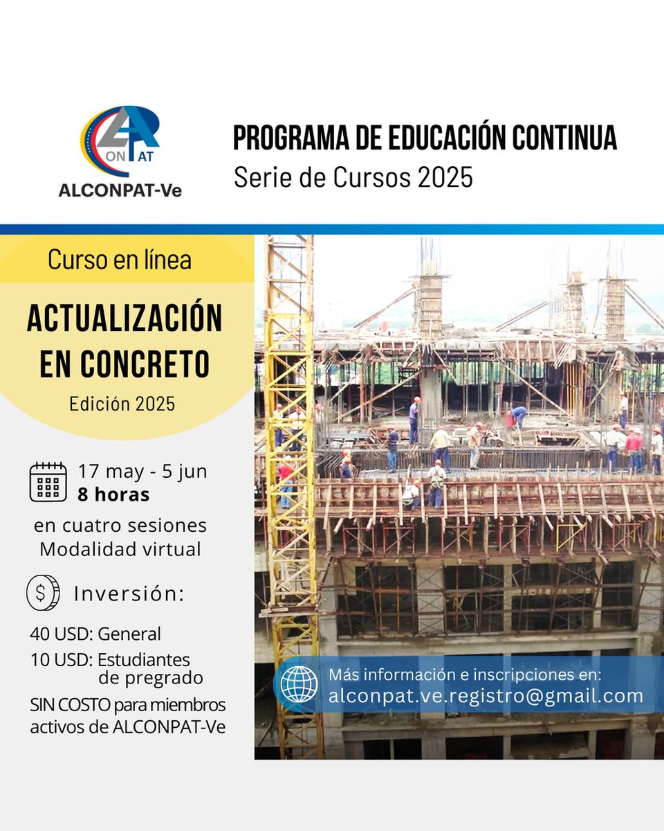 vtello28's tweet photo. Curso Actualización en Concreto
Inversión:
40 USD: General
20 USD: Estudiantes de pregrado
SIN COSTO para miembros activos de ALCONPAT-Ve
Registro: https://t.co/MICEpidheH
#Curso #concreto #hormigón #Controldecalidad
#Estructuras #Alconpat #patologíadelconcreto
#Construcción https://t.co/C0DXHWTaIJ