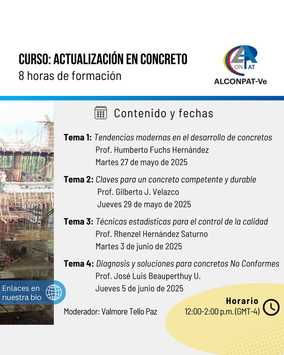 vtello28's tweet photo. Curso Actualización en Concreto
Inversión:
40 USD: General
20 USD: Estudiantes de pregrado
SIN COSTO para miembros activos de ALCONPAT-Ve
Registro: https://t.co/MICEpidheH
#Curso #concreto #hormigón #Controldecalidad
#Estructuras #Alconpat #patologíadelconcreto
#Construcción https://t.co/C0DXHWTaIJ