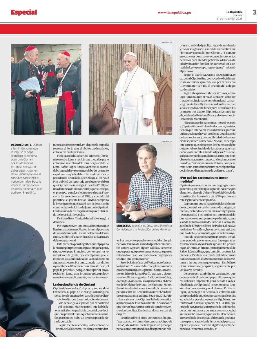"Hecha la ley, hecha la trampa": El cardenal Juan Luis Cipriani desobedeció el "precepto penal" que le impuso el Papa, tras ser acusado por abusos sexuales durante la confesión, al aparecerse en los pre cónclave para elegir al sucesor de Francisco. Mi nota en <a href="/larepublica_pe/">La República</a>