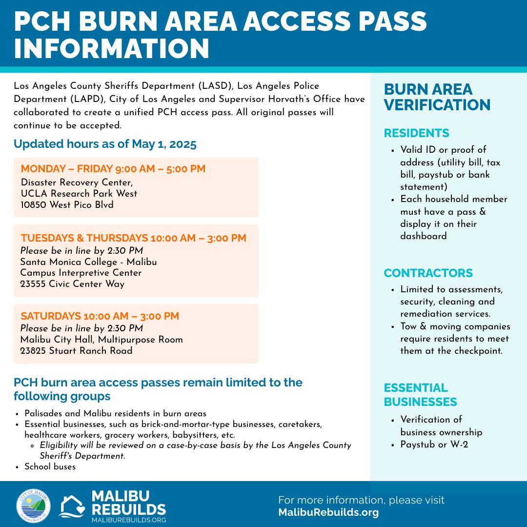 🚨 PCH Burn Area Access Pass Distribution – Updated Hours 🚨

Starting TODAY, Thursday, May 1, the new hours to pick up your PCH access passes are:

📅 Monday–Friday | 🕙 9 AM – 5 PM 
📍Disaster Recovery Center, UCLA Research Park West - 10850 West Pico Blvd

📅 Tuesdays &amp;