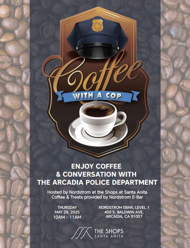 Join us for Coffee with a Cop, hosted by Nordstrom on Thursday, May 29 from 10:00 AM - 11:00 AM.
Come together with your neighbors and local officers for a friendly chat over coffee. This is a great opportunity to meet our Area Commanders and Chief of Police.