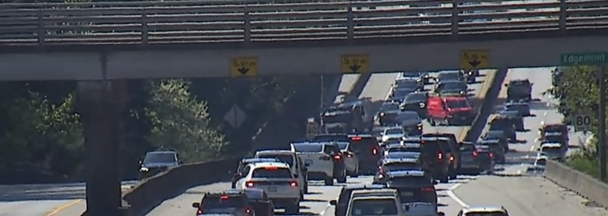 DriveBC's tweet image. ⚠️#BCHwy1 Eastbound vehicle incident east of Capilano Rd has the left lane and right shoulder blocked. #UpperLevels #NorthVan #WestVan