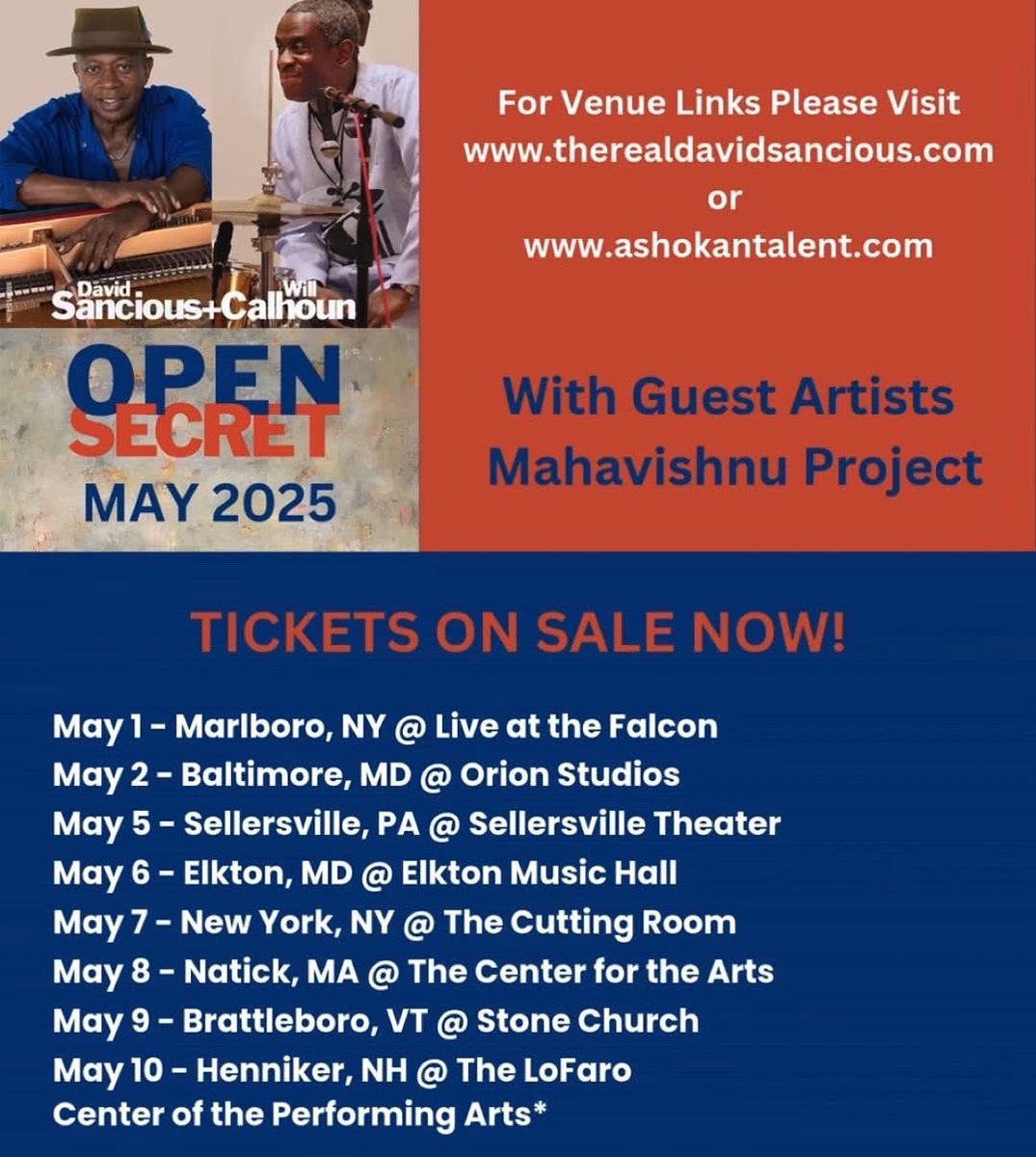 The Open Secret tour featuring Will Calhoun and David Sancious begins tonight in Marlboro, NY. All dates are listed- Don't miss the rare opportunity to see this unique duo of extraordinary talents perform expansive positive music for the soul.
Tickets: Bandsintown.com/willcalhoun