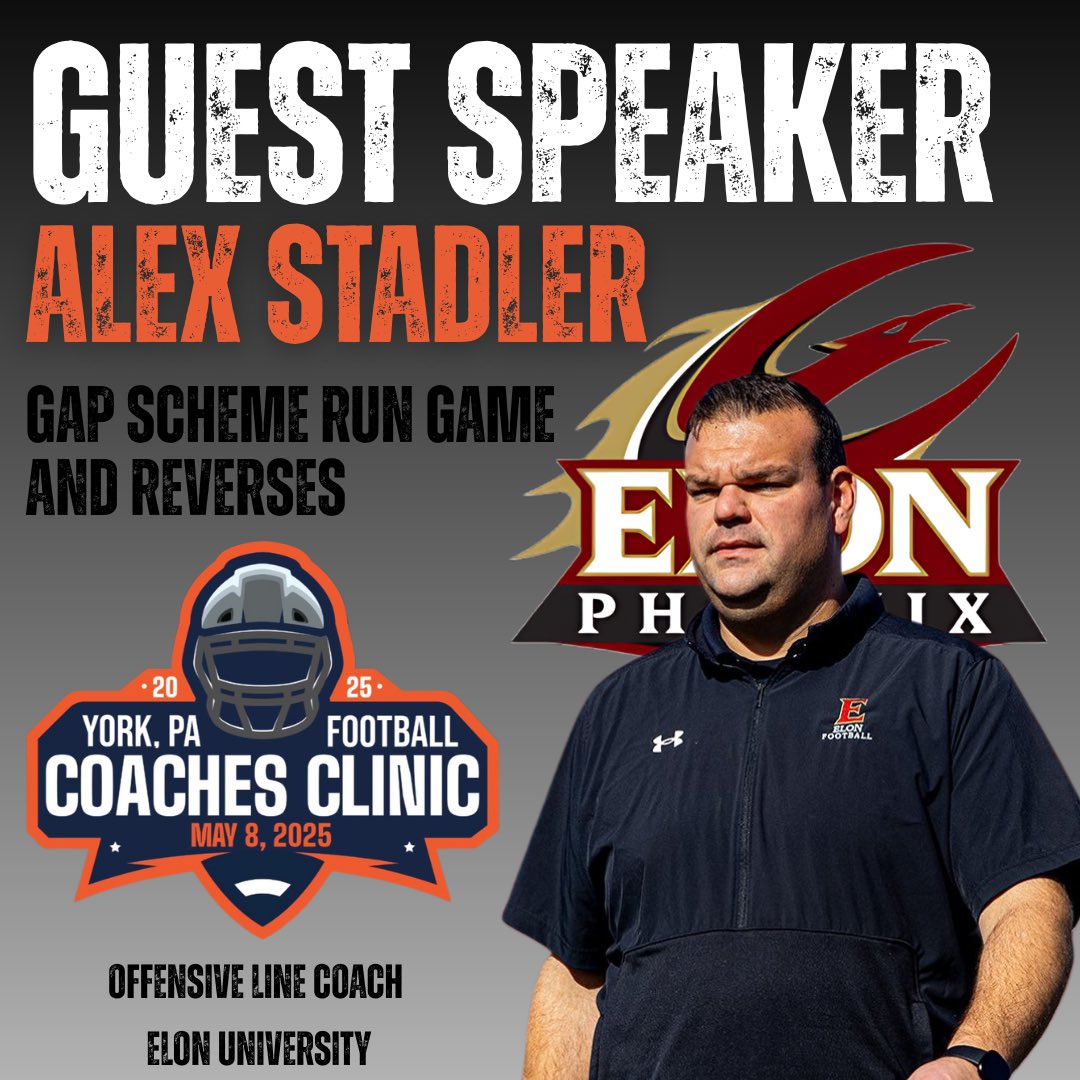 Ben Cregger (@coachcregger) on Twitter photo 🚨Guest Speaker🚨
We would like to announce <a href="/Coach_Stad/">Alex Stadler</a> OL coach <a href="/ElonFootball/">Elon Football</a> as a guest speaker at the 2025 <a href="/AFL_YorkPA/">AFL York PA</a> Coaching Clinic held here in York, Pa on May 8th!
Coaches interested in attending, please sign up using the link below
zeffy.com/en-US/ticketin…
#OneGoal 🚨Guest Speaker🚨
We would like to announce <a href="/Coach_Stad/">Alex Stadler</a> OL coach <a href="/ElonFootball/">Elon Football</a> as a guest speaker at the 2025 <a href="/AFL_YorkPA/">AFL York PA</a> Coaching Clinic held here in York, Pa on May 8th!
Coaches interested in attending, please sign up using the link below
zeffy.com/en-US/ticketin…
#OneGoal