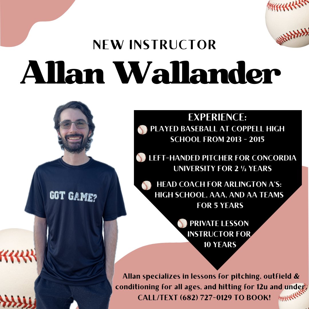 GameTrain (@train4yourgame) on Twitter photo 🚨 New Instructor ‼️ 🚨
Allan Wallander is now giving lessons at Game Train! His bio is below! Call or text (682) 727-0129 or email contact@gametrain.net to get on his schedule! ⚾️ 🚨 New Instructor ‼️ 🚨
Allan Wallander is now giving lessons at Game Train! His bio is below! Call or text (682) 727-0129 or email contact@gametrain.net to get on his schedule! ⚾️