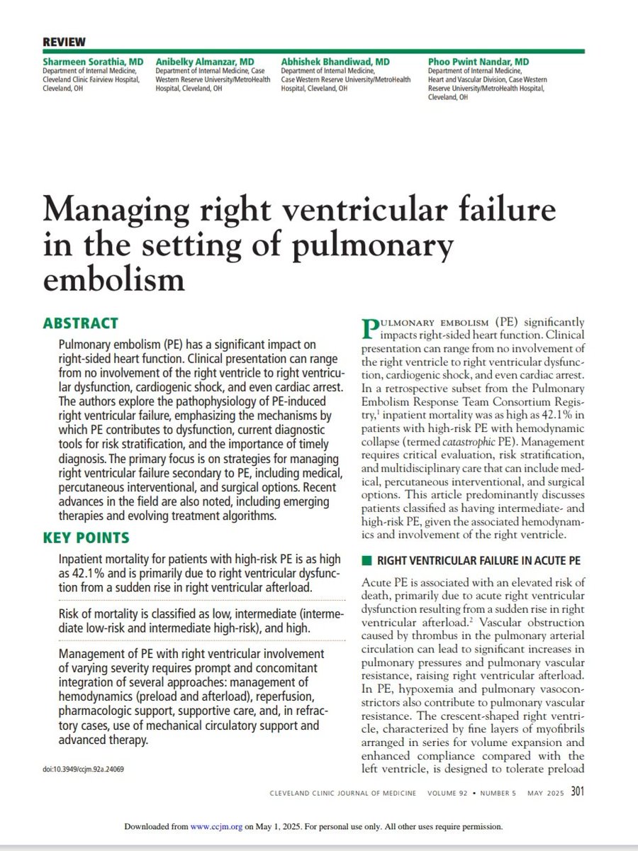 Thrilled to share our latest review article on managing RV failure in patients with PE—packed with practical insights to support clinicians in Internal Medicine, Cardiology, and Pulm Crit as they navigate this challenging condition! ccjm.org/content/92/5/3…