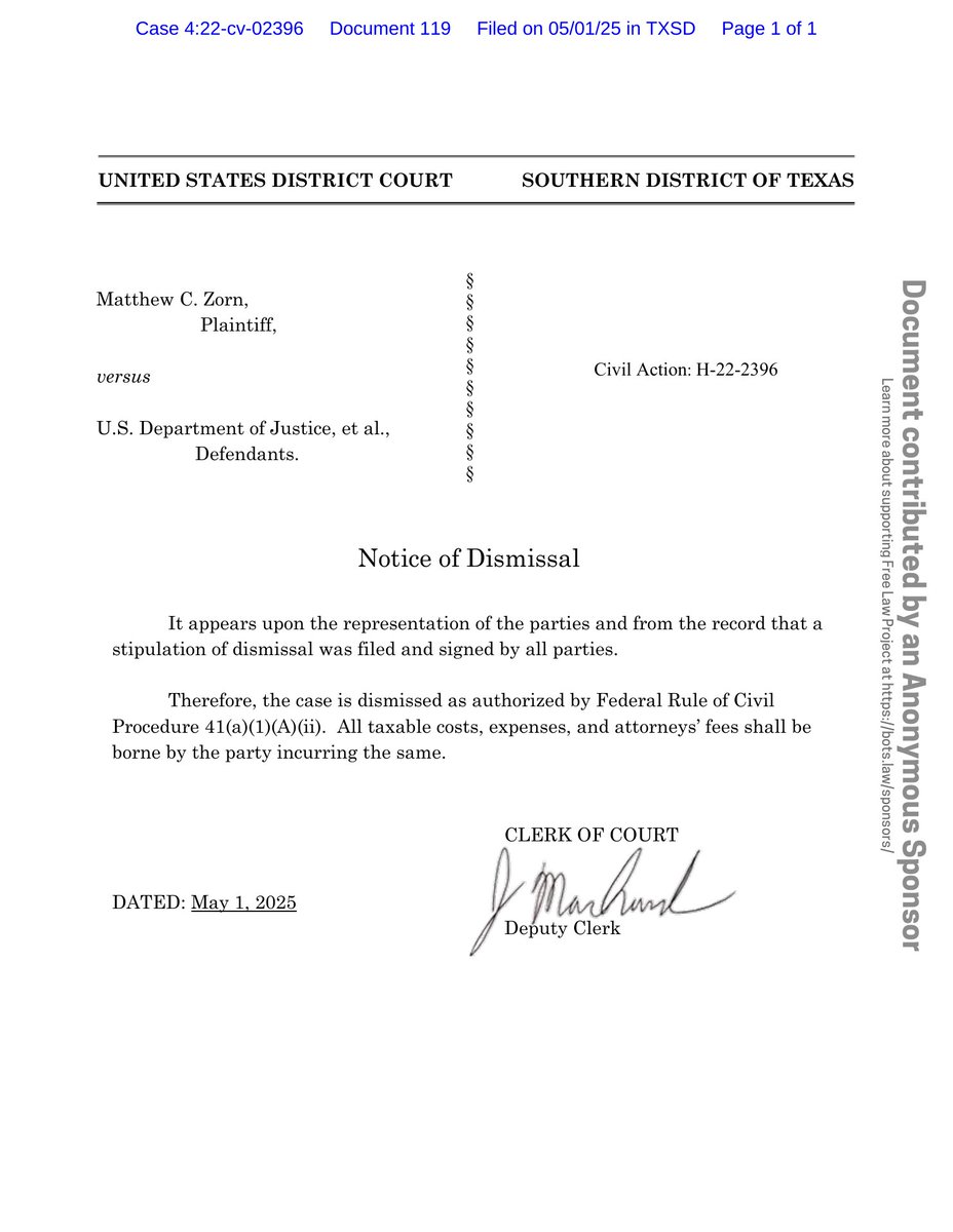 psy_cases's tweet image. New filing: &quot;Zorn v. Dep&apos;t of Justice (DEA flouts FOIA)&quot;
Doc #119: Clerks Notice (noticing) - Civil

PDF: courtlistener.com/docket/6360214…

#CL63602147