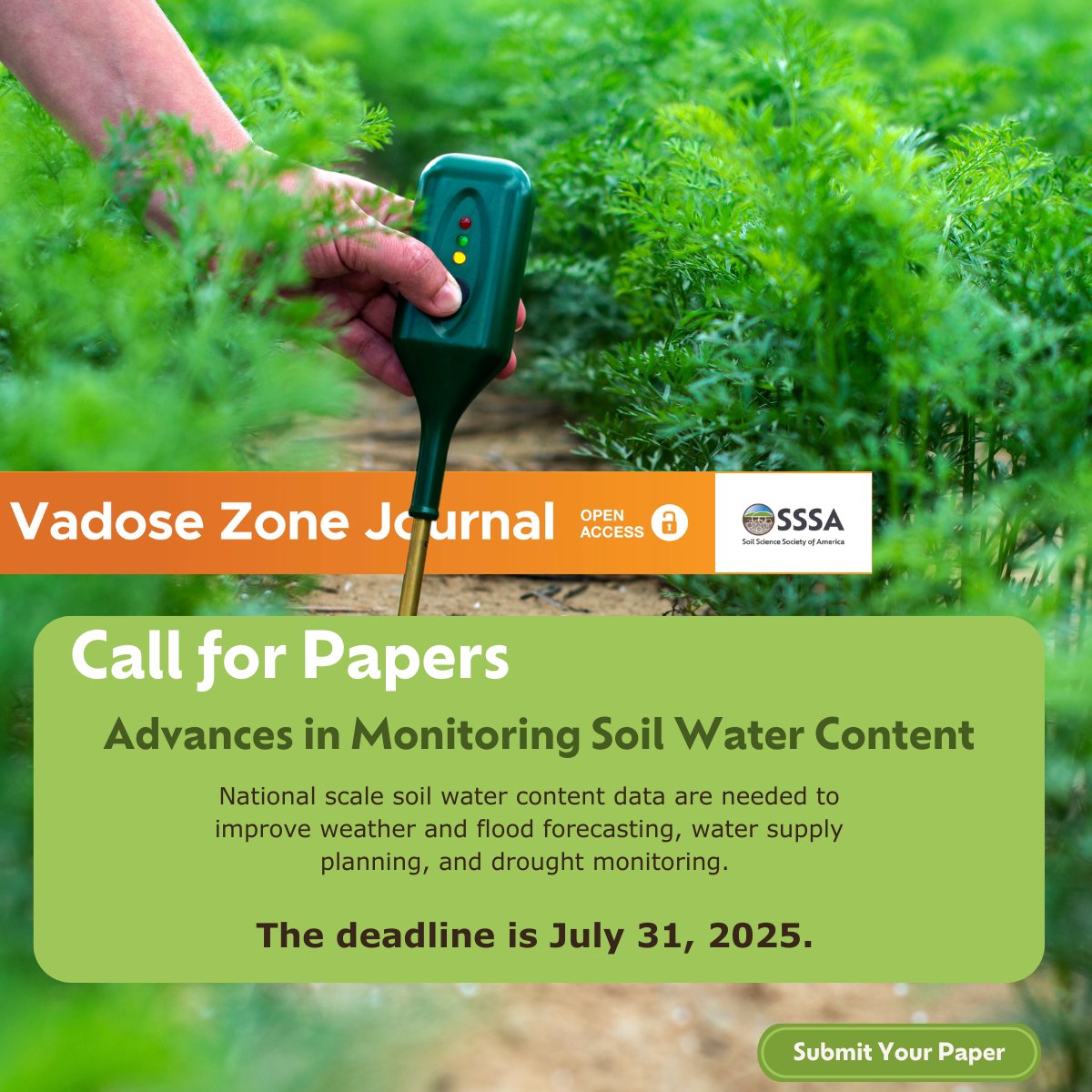 ACSGradStudents's tweet image. Submit your research! Vadose Zone Journal seeks papers on soil water science. Deadline: July 31, 2025. Learn more: ow.ly/Lf5o50VGvhc #SoilWater #ResearchPublication