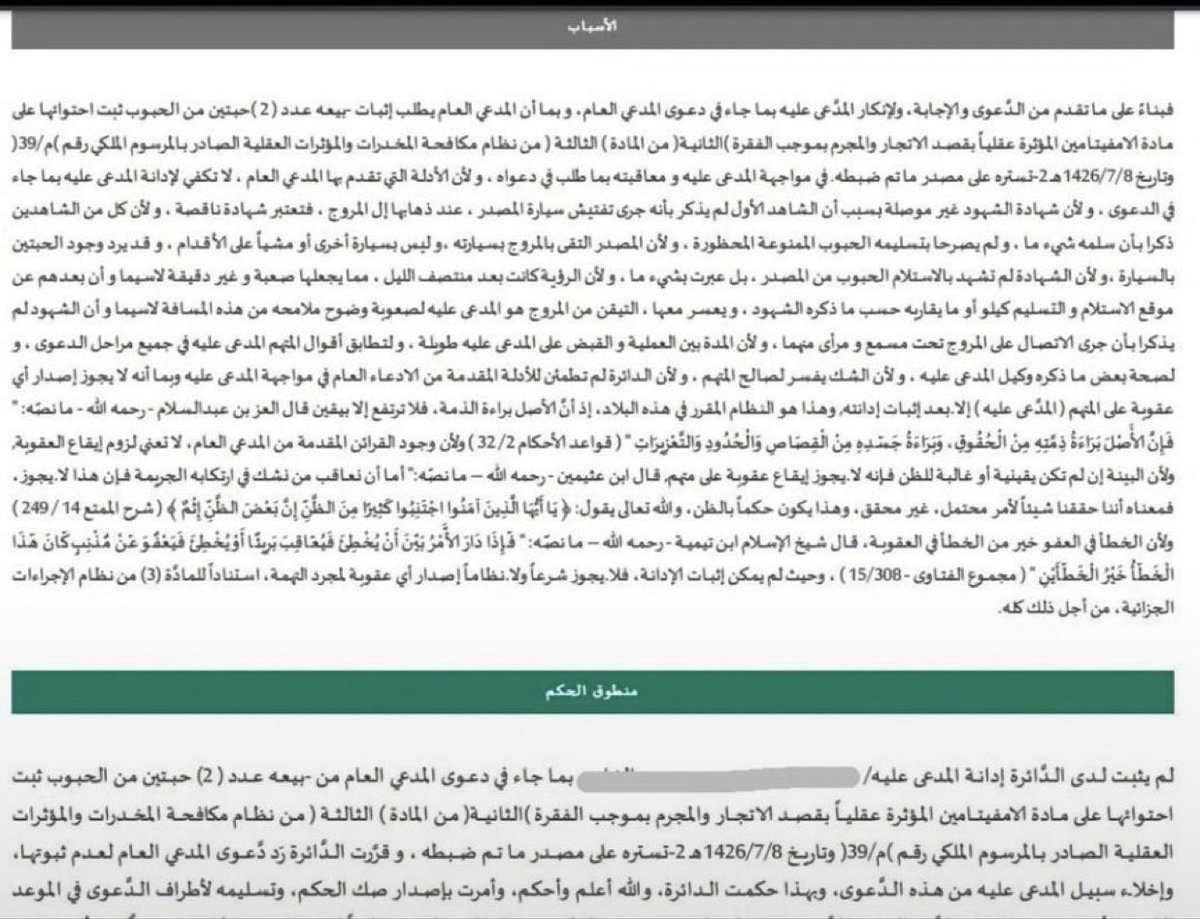 تسبيب حكم في قضيه ترويج مخدرات يمكن الاستفادة منه في قضايا مشابهة 
 ١- عدم تفتيش سيارة المصدر سبب من اسباب البراءة
  ٢ - القدح في صحة شهادة الفرقة القابضة يجعلها شهادة ناقصة