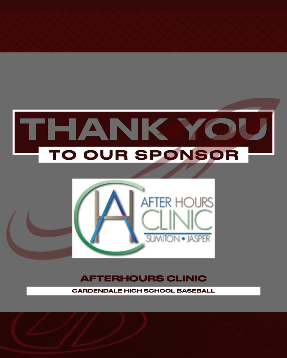 Thank you, Afterhours Clinic, for your support of Gardendale Baseball!