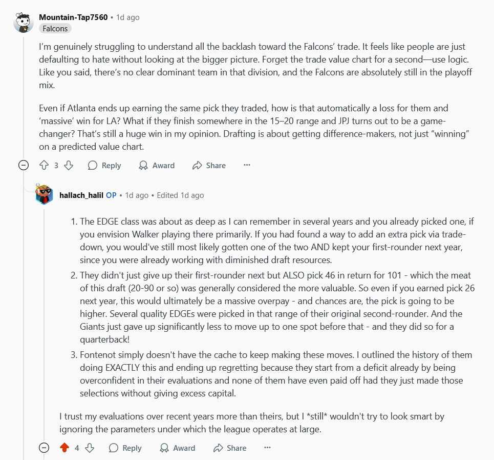 halilsfbtalk's tweet photo. These Falcons fans are enablers of Terry Fontenot's complete disregard for value of draft boards and managing their resources in a reasonable way! 🤨

#NFL #NFLDraft #NFLDraft2025 #Falcons #AtlantaFalcons #DirtyBirds #DraftSZN #DraftTwitter #NFLX https://t.co/UXjCxQbAca
