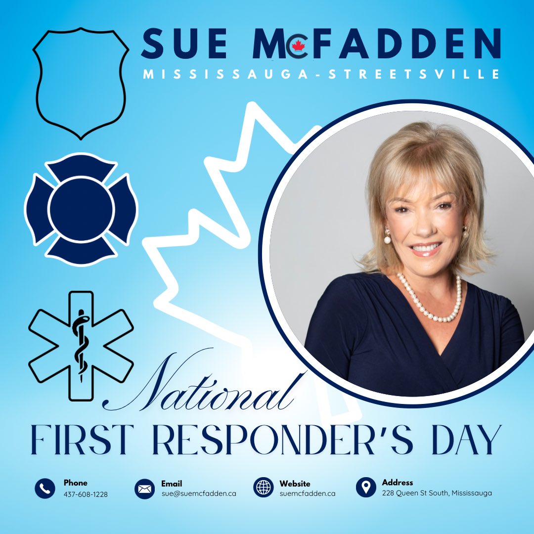 Sue McFadden - Mississauga Streetsville (@sue_mcfadden_) on Twitter photo May 1 is National First Responder’s Day! Today and every day, I am grateful for the important work of our community heroes who serve to protect our residents and keep our city safe. Thank you for your courage, leadership and sacrifice.
<a href="/MississaugaFES/">Mississauga Fire</a> <a href="/PeelPolice/">Peel Regional Police</a> <a href="/Peel_Paramedics/">Peel Regional Paramedic Services</a> May 1 is National First Responder’s Day! Today and every day, I am grateful for the important work of our community heroes who serve to protect our residents and keep our city safe. Thank you for your courage, leadership and sacrifice.
<a href="/MississaugaFES/">Mississauga Fire</a> <a href="/PeelPolice/">Peel Regional Police</a> <a href="/Peel_Paramedics/">Peel Regional Paramedic Services</a>