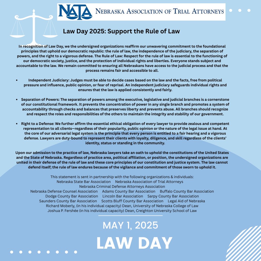 NETrialAttys's tweet image. Message from NATA President, Mark Richardson.  We are grateful for all our partners across Nebraska.  Happy Law Day 2025!