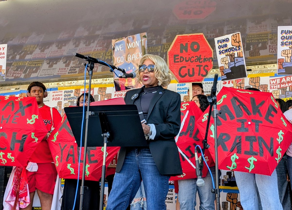 "Today, on International Workers' Day, we are not just remembering our history – we are making it! I stand before you as a proud paraeducator... here to give voice to the workers who are too often overworked, overlooked &amp; undervalued" –Shellye Davis at New Haven #MayDay2025 rally