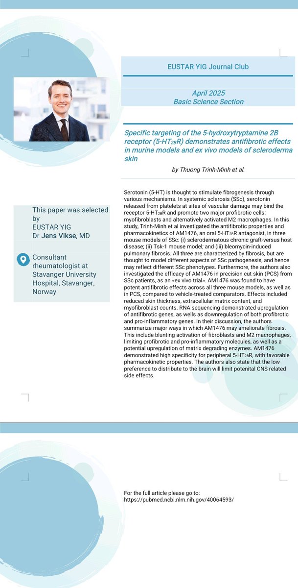 EUSTAR (@eustar_org) on Twitter photo 📢SSc Basic Science Journal Club
💥 Hot news by Dr <a href="/jensvikse/">Jens Vikse</a> (Norway)
🎯 WIN- AM1476, a selective 5-HT2BR antagonist ⏩ameliorates fibrosis in SSc! Do we have a new promising target? 👀
Find out more 👇
lnkd.in/dsaNX3yC
#EUSTAR #YIG 📢SSc Basic Science Journal Club
💥 Hot news by Dr <a href="/jensvikse/">Jens Vikse</a> (Norway)
🎯 WIN- AM1476, a selective 5-HT2BR antagonist ⏩ameliorates fibrosis in SSc! Do we have a new promising target? 👀
Find out more 👇
lnkd.in/dsaNX3yC
#EUSTAR #YIG