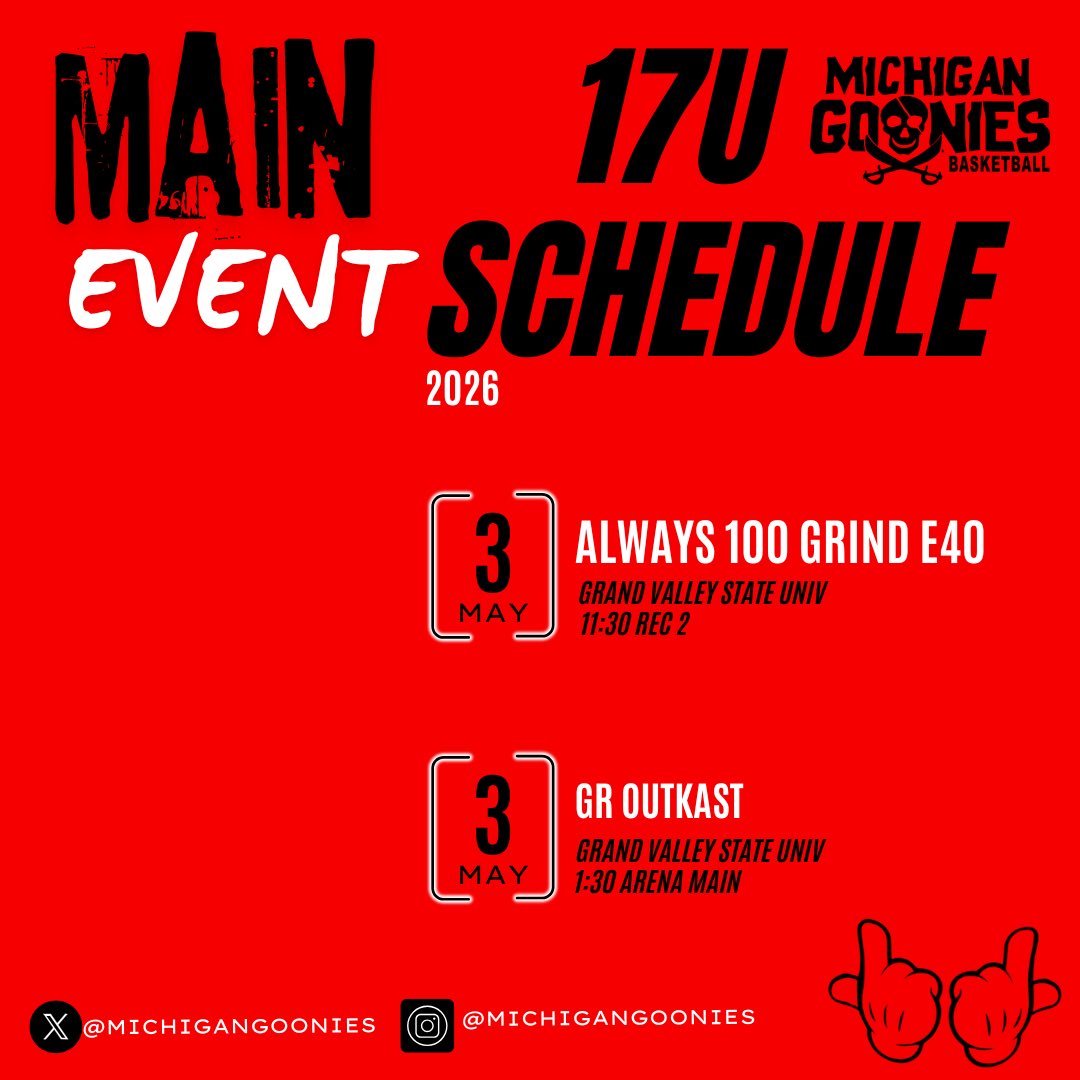 Michigan Goonies AAU (@michigangoonies) on Twitter photo The girls hit the road to Grand Valley State University for The Main Event this weekend! 🤘🏴☠️ #GoonieNation <a href="/coach_lumbo/">Coach Lumbo</a> <a href="/BK2THEFULLEST/">Brandon Karas</a> <a href="/Compound__Media/">CompoundMedia</a> <a href="/MichHSBball/">Mich HS Bball</a> The girls hit the road to Grand Valley State University for The Main Event this weekend! 🤘🏴☠️ #GoonieNation <a href="/coach_lumbo/">Coach Lumbo</a> <a href="/BK2THEFULLEST/">Brandon Karas</a> <a href="/Compound__Media/">CompoundMedia</a> <a href="/MichHSBball/">Mich HS Bball</a>
