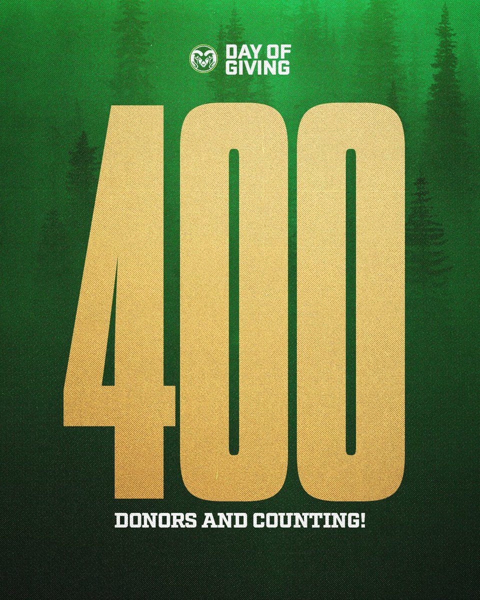 400+ Rams have stepped up for #CSUDayOfGiving! 💚

Let’s hit 5️⃣0️⃣0️⃣ strong - make your impact today! 💪

🎁 csura.ms/4jBGGFO

#Relentless x #CSURams