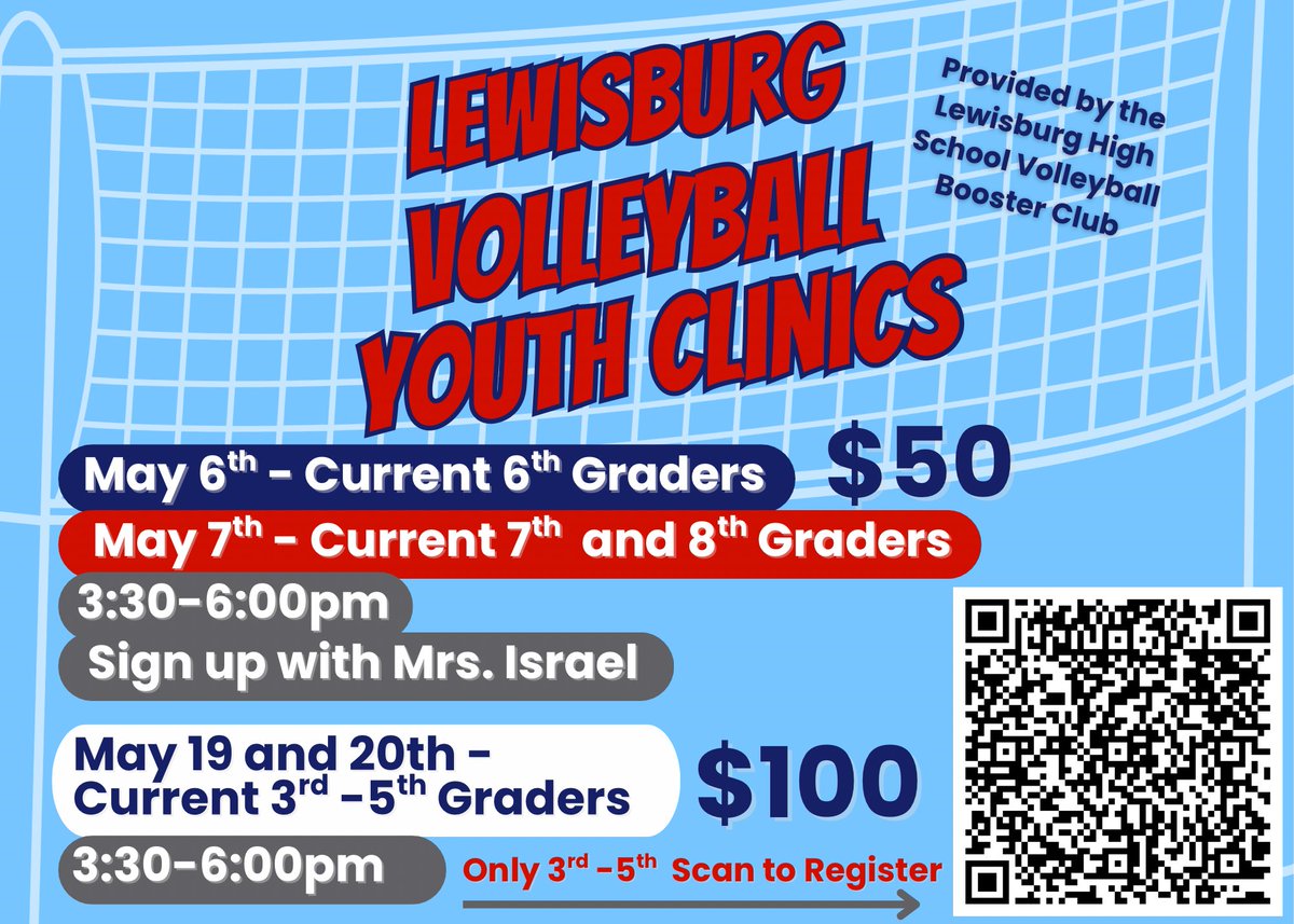 VbPatriots's tweet image. 🚨 Current 6-8th graders: Tomorrow’s the last day to turn in your clinic paperwork for next week’s clinic to Mrs. Israel.
Transportation to LHS will be provided from LMS! 🚌 Parent’s will pick up at LHS.
🚨Current 3rd-5th graders: Sign up on the QR code below by Monday to…